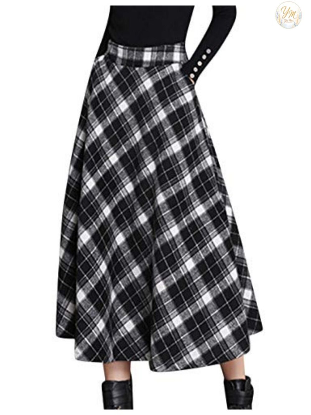 Wool Blend Plaid A-Line Pleated Midi Skirt with Pockets